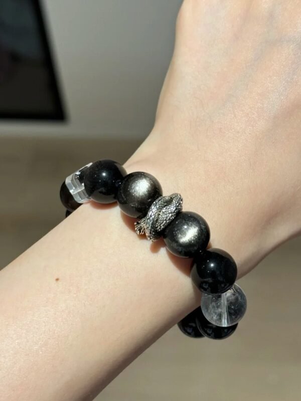 Wearing Silver Obsidian Bracelet On Wrist, White Azeztulite & Smoky Quartz Spiritual Sharpness