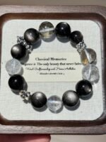 Silver Obsidian Bracelet Displayed Still, Flash Quartz & White Azeztulite Spiritual Sharpness