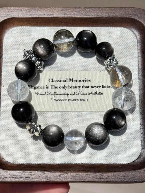 Silver Obsidian Bracelet Displayed Still, Flash Quartz & White Azeztulite Spiritual Sharpness
