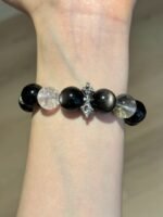 Wearing 13.8mm Double-Eye Silver Obsidian, 13.5+ Flash Quartz, White Azeztulite Bracelet With Silver Demon-Slaying Pestle & Chrome Hearts Spacers, Water-Metal-Fire Energies Intertwine