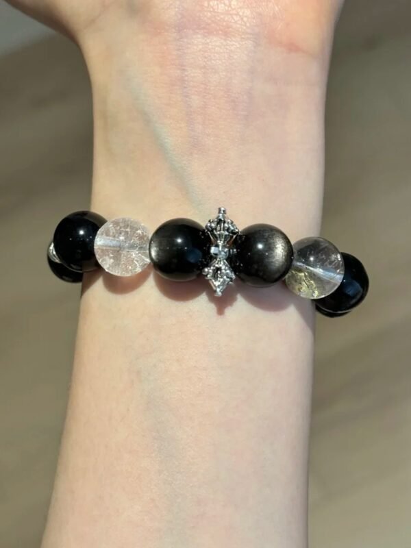 Wearing 13.8mm Double-Eye Silver Obsidian, 13.5+ Flash Quartz, White Azeztulite Bracelet With Silver Demon-Slaying Pestle & Chrome Hearts Spacers, Water-Metal-Fire Energies Intertwine