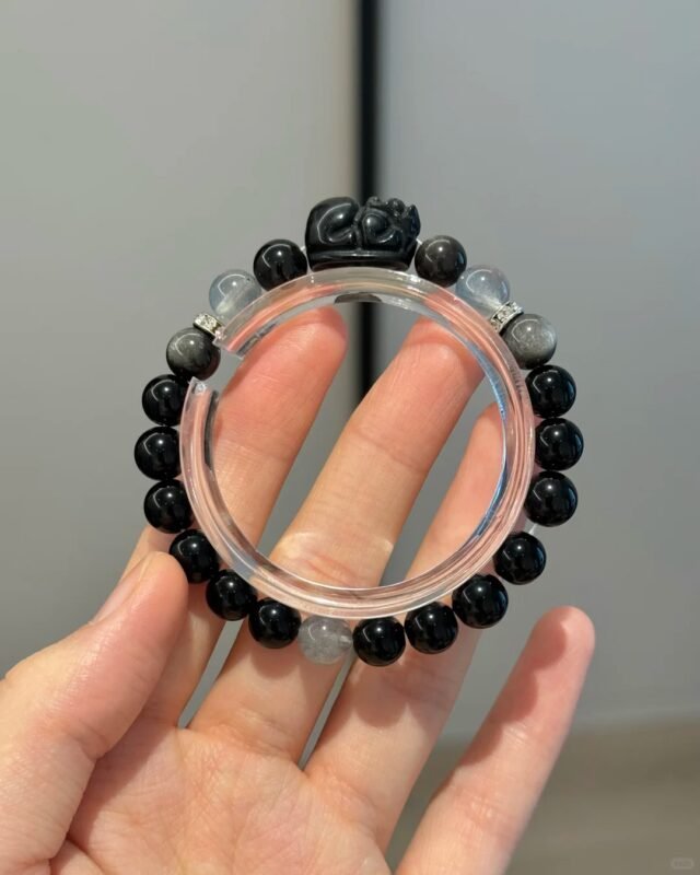 Holding Obsidian Bracelet, Gray Moonstone’s Water Energy Awakening