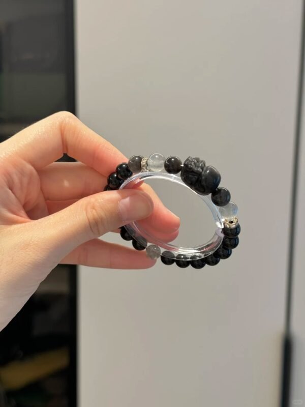 Holding Obsidian & Silver Obsidian Bracelet, Gray Moonstone & Pixiu Protective Sharpness