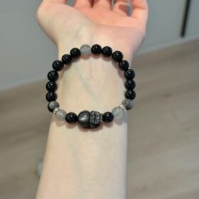 Wearing 8+mm Obsidian, Silver Obsidian, Gray Moonstone Bracelet With Silver Obsidian Pixiu, Water-Metal Energies Intertwine