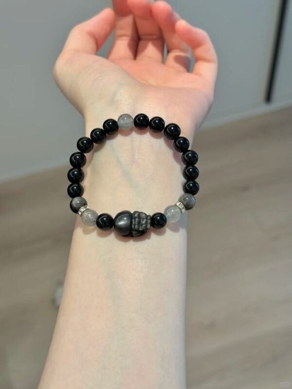 Wearing 8+mm Obsidian, Silver Obsidian, Gray Moonstone Bracelet With Silver Obsidian Pixiu, Water-Metal Energies Intertwine