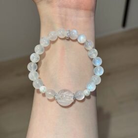 Holding Blue Moonstone Bracelet, Blue Moonstone & Snow Phantom Quartz Ultimate Spiritual Sync