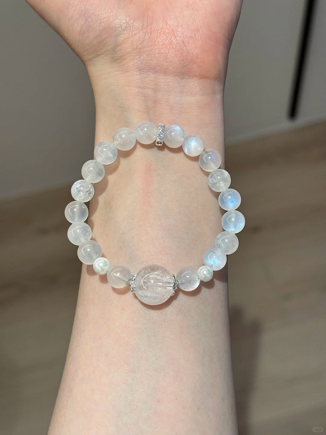 Holding Blue Moonstone Bracelet, Blue Moonstone & Snow Phantom Quartz Ultimate Spiritual Sync