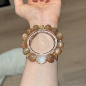 Multi-View Display Of Orange & Blue Moonstone Bracelet, Fire-Water-Metal Gilded Finale