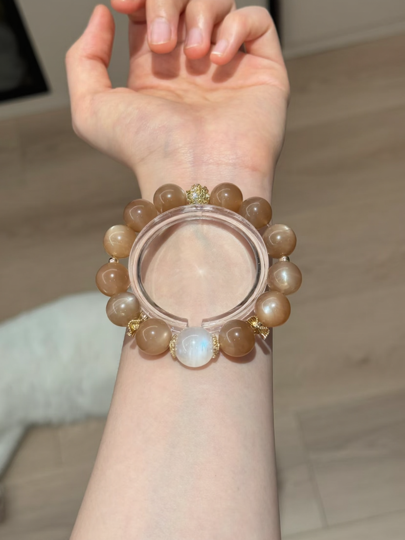 Multi-View Display Of Orange & Blue Moonstone Bracelet, Fire-Water-Metal Gilded Finale