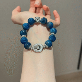 Blue Apatite Bracelet Displayed Still, Water-Metal-Fire Cosmic Energy Matrix