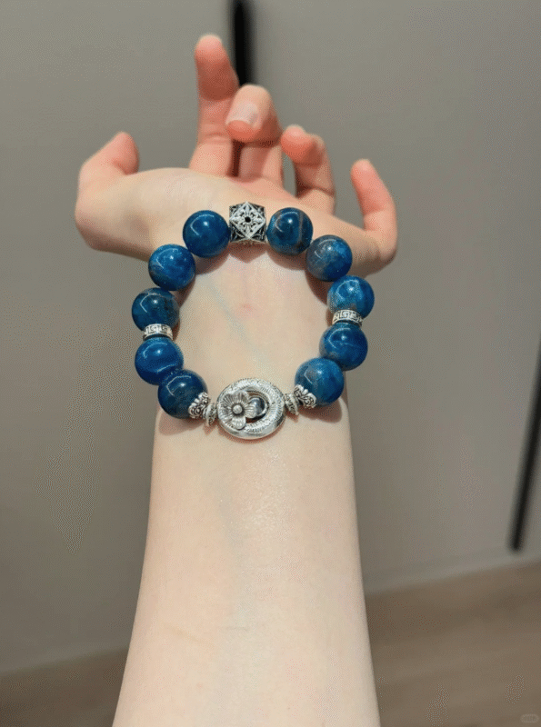 Blue Apatite Bracelet Displayed Still, Water-Metal-Fire Cosmic Energy Matrix