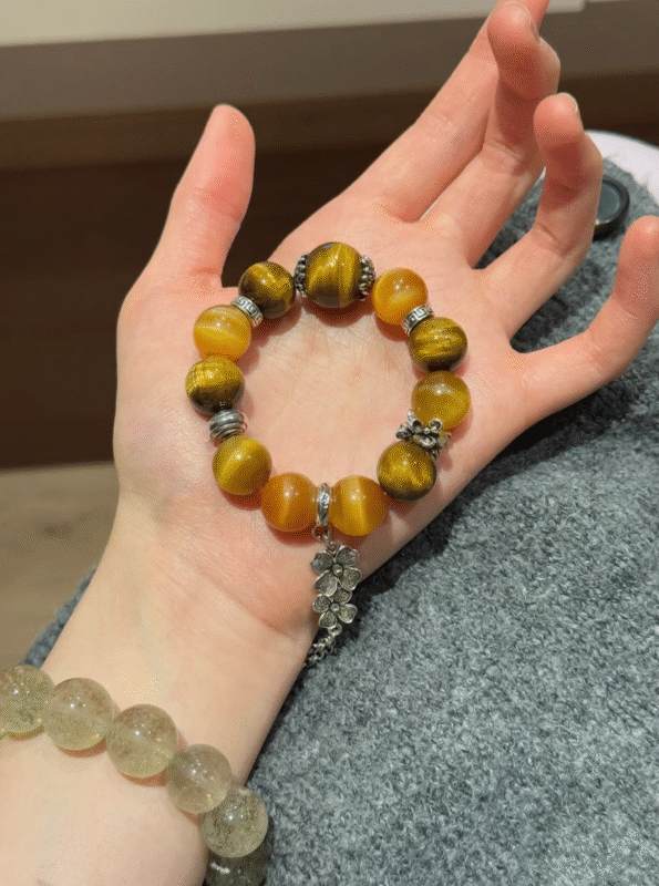 Holding Bracelet With 13mm Golden Tiger’s Eye, 13mm Yellow Tiger’s Eye, 16mm Yellow Tiger’s Eye & Silver Accent, Metal-Fire Energies Intertwine