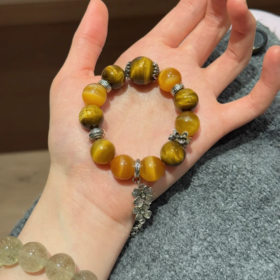 Holding Bracelet With 13mm Golden Tiger’s Eye, 13mm Yellow Tiger’s Eye, 16mm Yellow Tiger’s Eye & Silver Accent, Metal-Fire Energies Intertwine