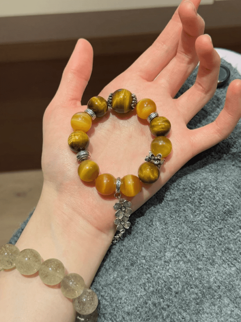 Holding Bracelet With 13mm Golden Tiger’s Eye, 13mm Yellow Tiger’s Eye, 16mm Yellow Tiger’s Eye & Silver Accent, Metal-Fire Energies Intertwine