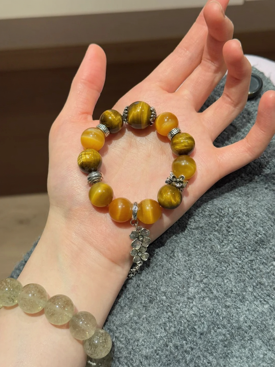Holding Bracelet With 13mm Golden Tiger’s Eye, 13mm Yellow Tiger’s Eye, 16mm Yellow Tiger’s Eye & Silver Accent, Metal-Fire Energies Intertwine