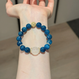 Multi-View Display Of Blue Apatite & Milky Quartz Bracelet, Water-Metal-Earth Healing Finale