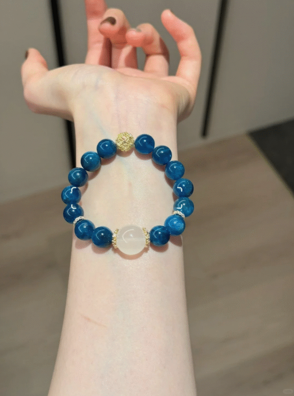 Multi-View Display Of Blue Apatite & Milky Quartz Bracelet, Water-Metal-Earth Healing Finale