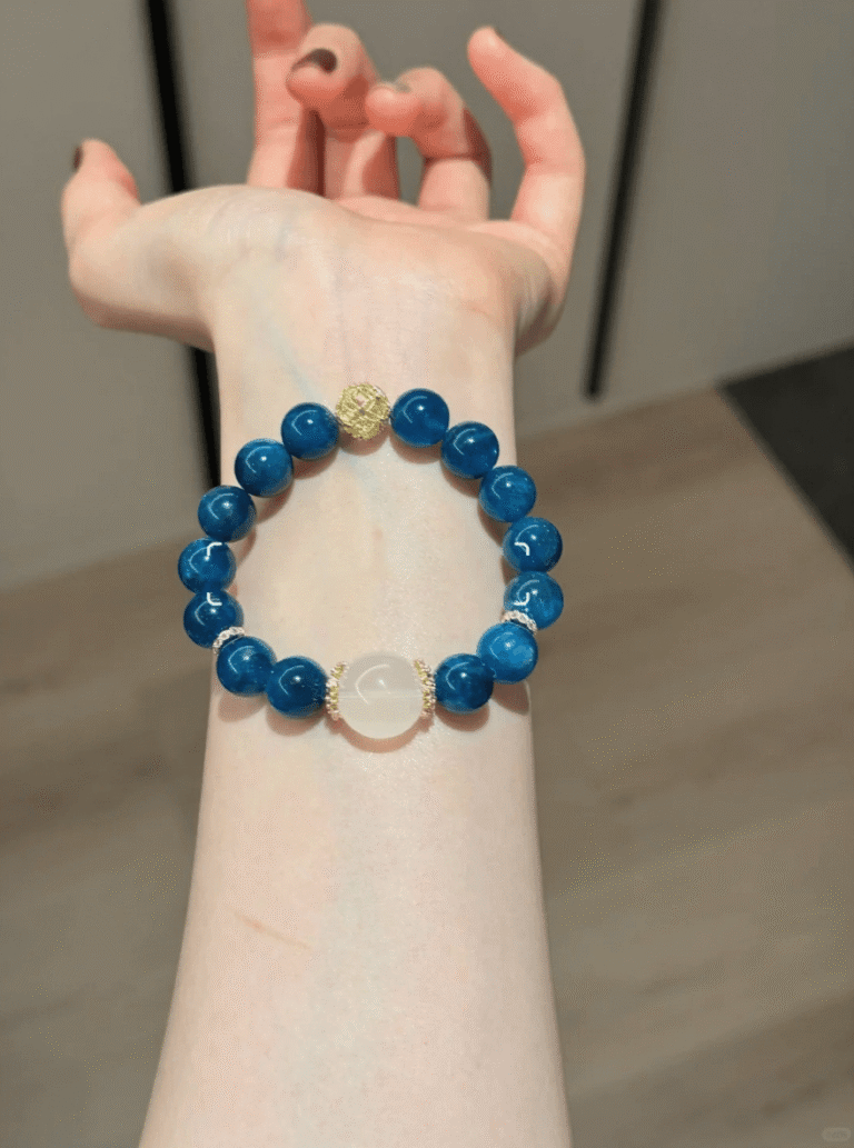 Multi-View Display Of Blue Apatite & Milky Quartz Bracelet, Water-Metal-Earth Healing Finale