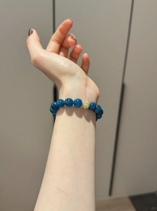 Blue Apatite & Milky Quartz Bracelet Displayed Still, Water-Metal-Earth Energy Matrix Emerges