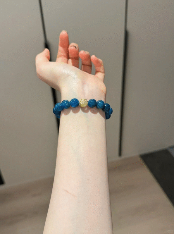 Holding 10mm Blue Apatite & 14mm Milky Quartz Bracelet With Silver-Gold Accents, Water-Metal-Earth Energies Intertwine