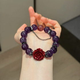 Holding 12mm Amethyst, Cinnabar Rose & 12mm Strawberry Quartz Bracelet With Silver Accents, Water-Wood-Fire-Metal Energies Intertwine