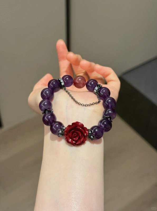 Holding 12mm Amethyst, Cinnabar Rose & 12mm Strawberry Quartz Bracelet With Silver Accents, Water-Wood-Fire-Metal Energies Intertwine
