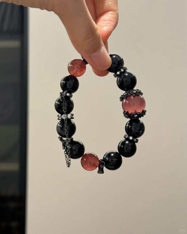 Holding Obsidian Bracelet, Multi-Bead Details & Zircon + 925 Silver Black Gold Plating's Energy Loop