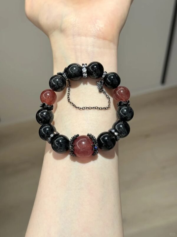 Wearing Obsidian Bracelet On Wrist, Strawberry Quartz & Zircon + 925 Silver Black Gold Plated Accents' Protective Sharpness