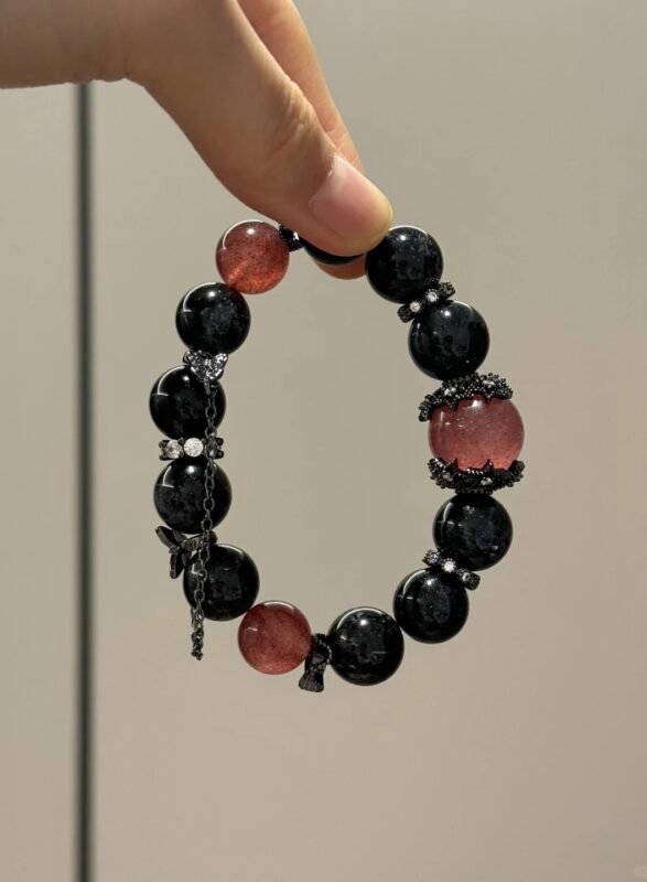 Holding 12mm Obsidian, 16mm Strawberry Quartz & 12mm Strawberry Quartz Bracelet With Zircon + 925 Silver Black Gold Plated Accents, Water-Wood-Metal Energies Intertwine