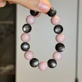 Holding Silver Obsidian & Pink Opal Bracelet, Water-Metal Ultimate Protection Sync