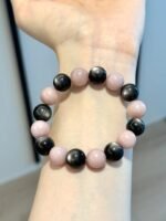 Wearing Silver Obsidian & Pink Opal Bracelet On Wrist, Water-Metal Healing Sharpness