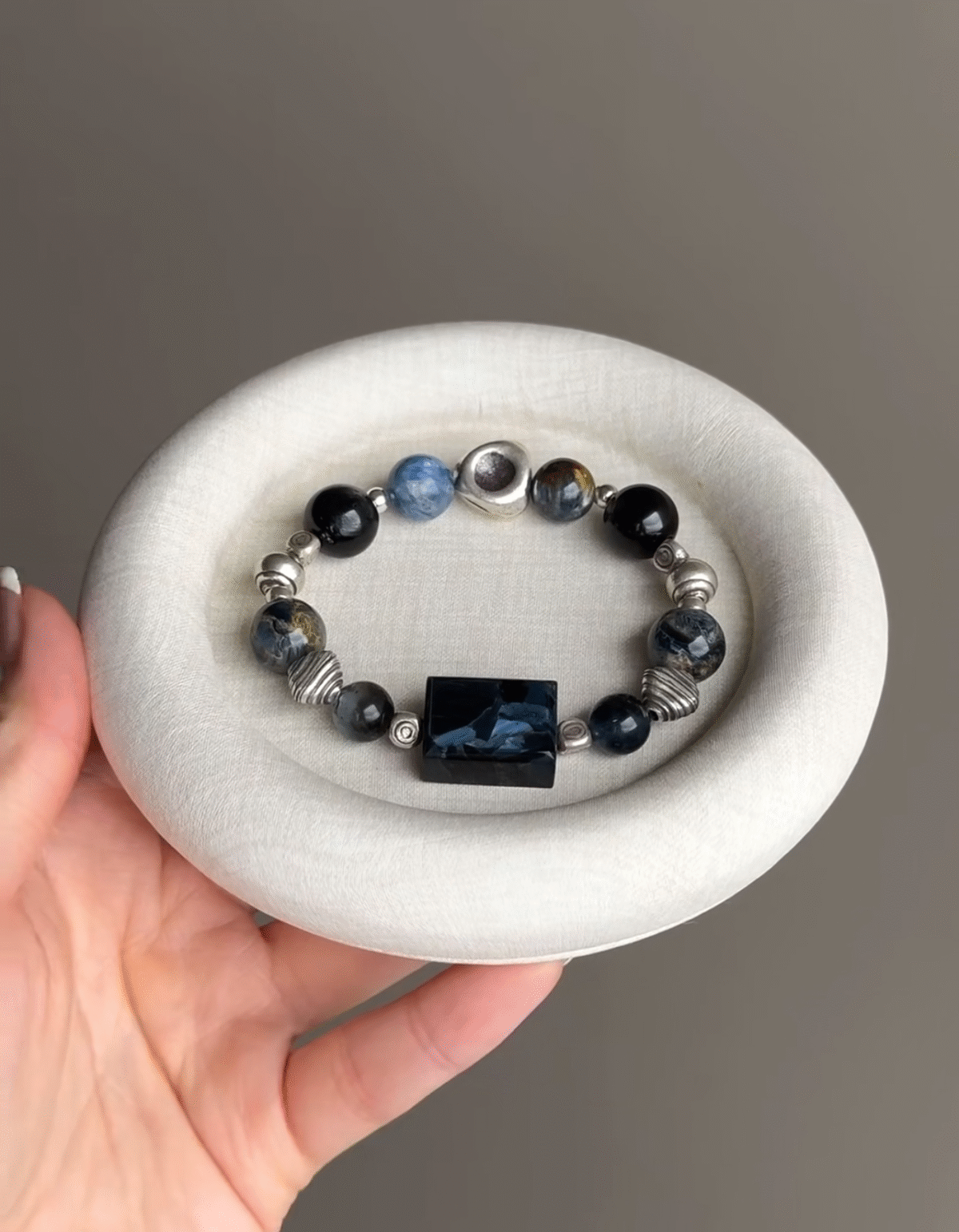 Pietersite Amulet Bracelet Displayed, Paired With Silver, Goldstone, Aquamarine, Blue Kyanite, Five-Elements Energies Intertwine