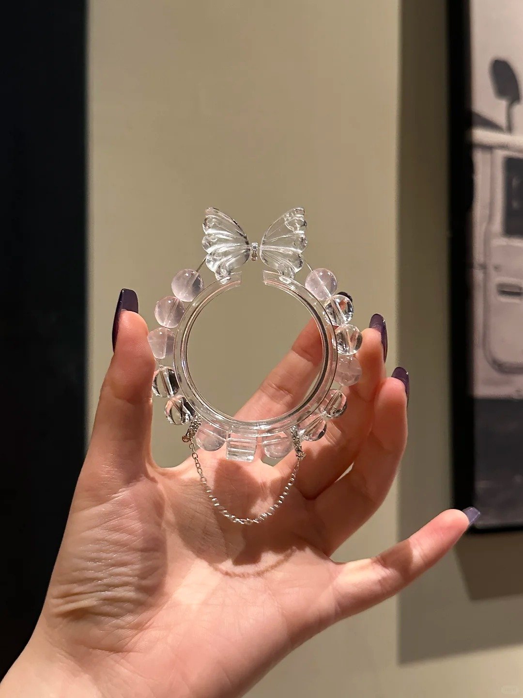 Holding Clear Quartz Butterfly Bracelet, Rose Quartz Love Energy Resonance