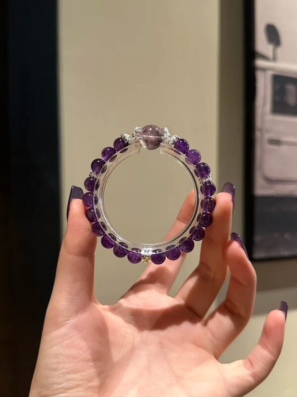 Holding Uruguay Amethyst + Purple Tower Quartz Bracelet, Top-Bead Spiritual Focus