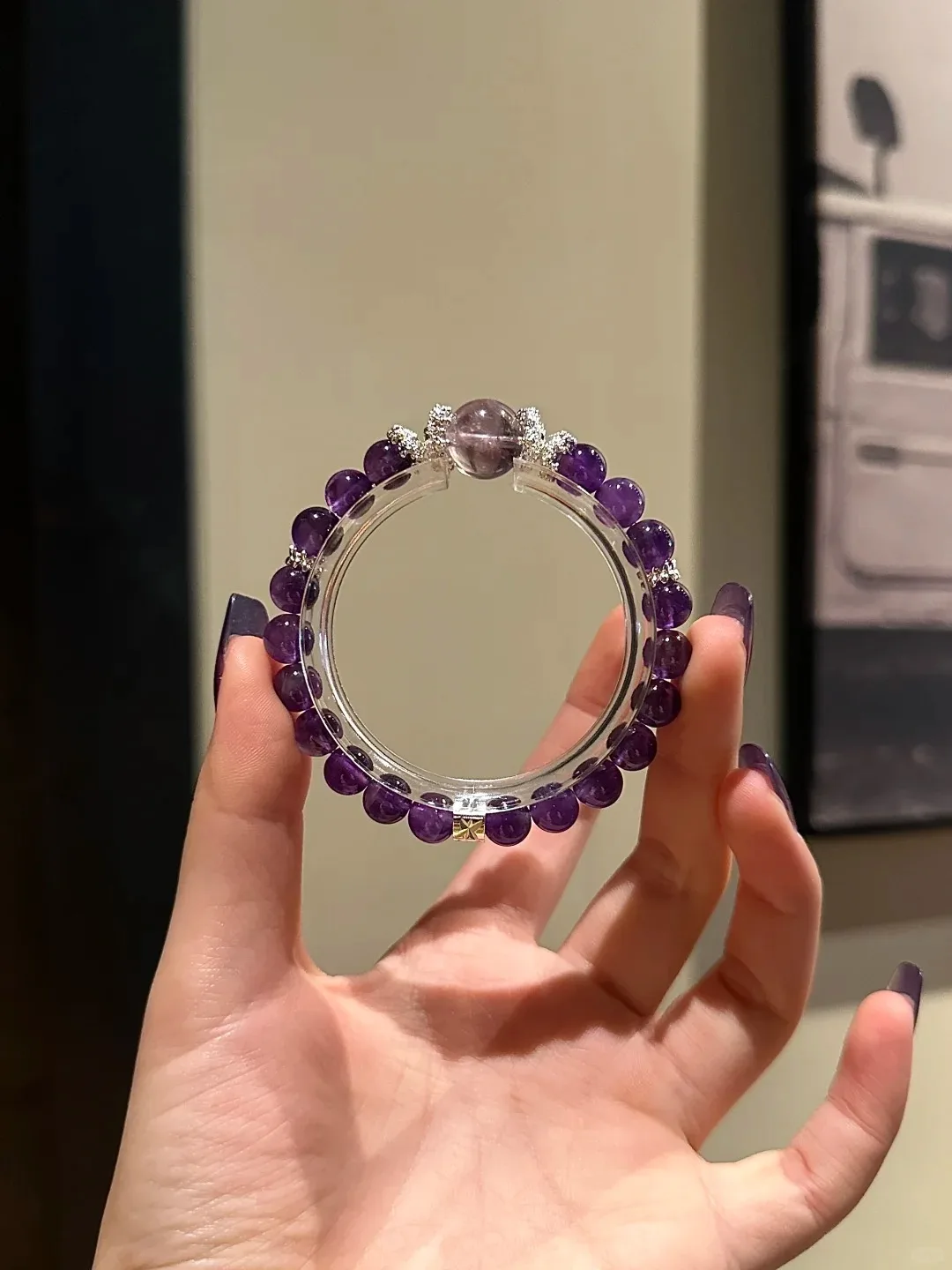 Holding Uruguay Amethyst + Purple Tower Quartz Bracelet, Top-Bead Spiritual Focus