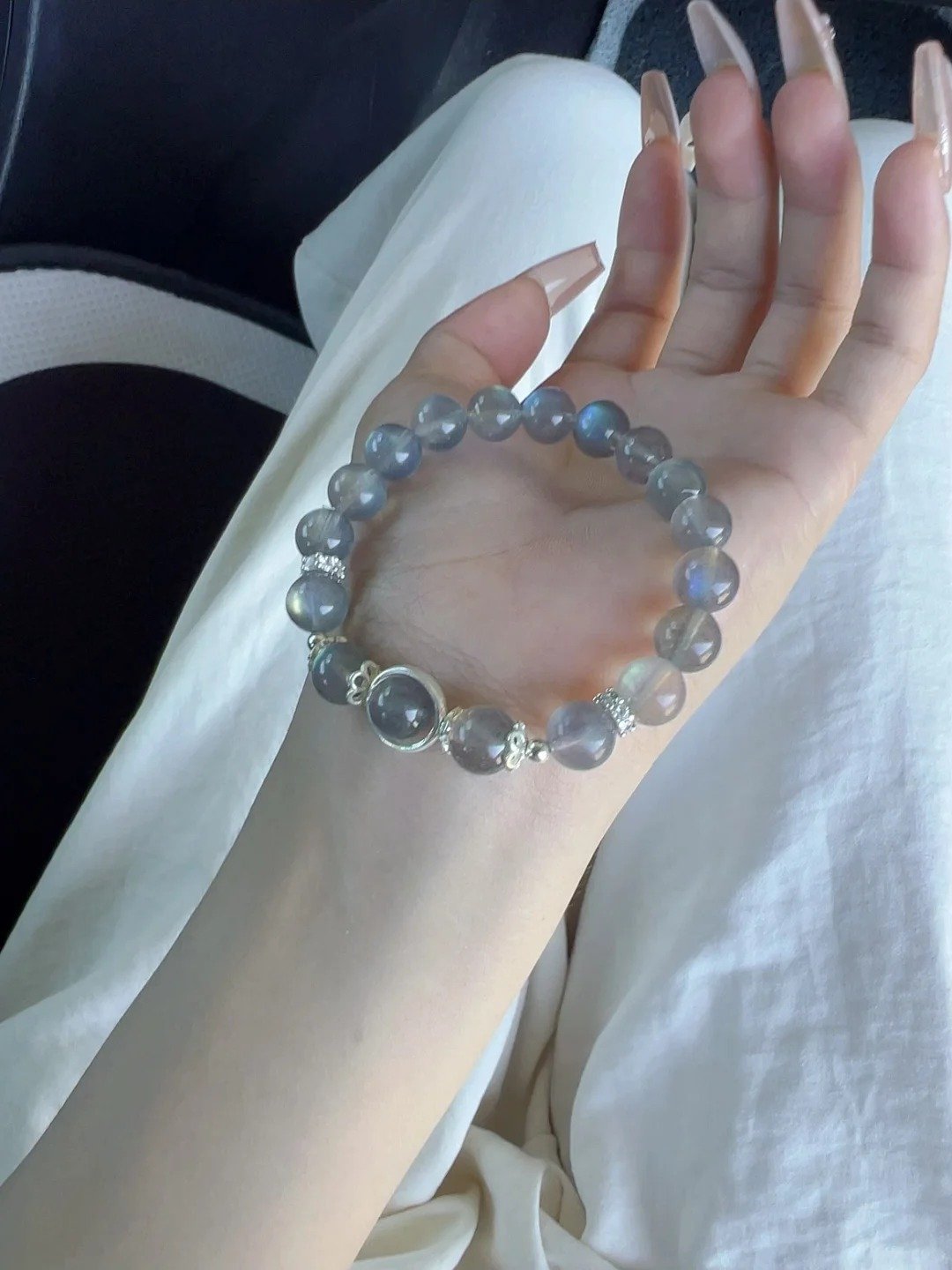 Holding Blue Flash Moonstone Bracelet, Adularia Effect Of Round Beads