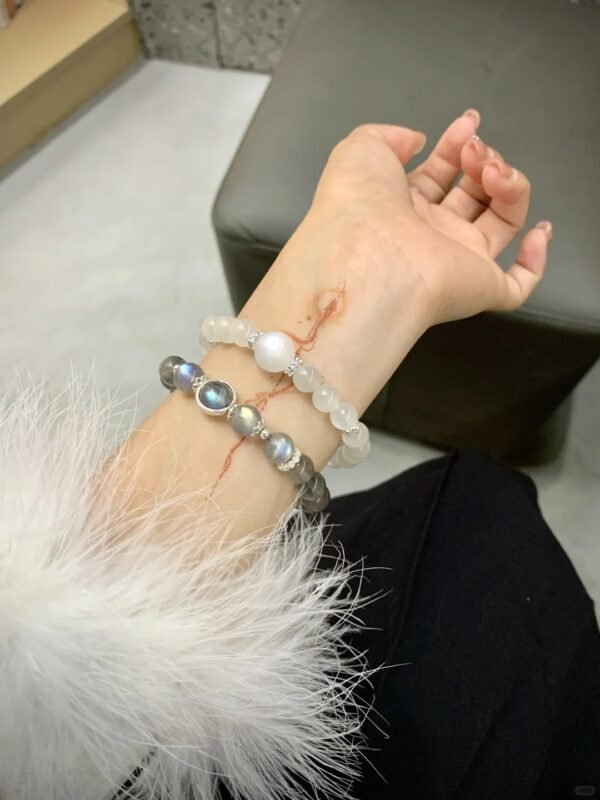 Stacking Blue Flash & White Moonstone Bracelets, Dual Moon Resonance