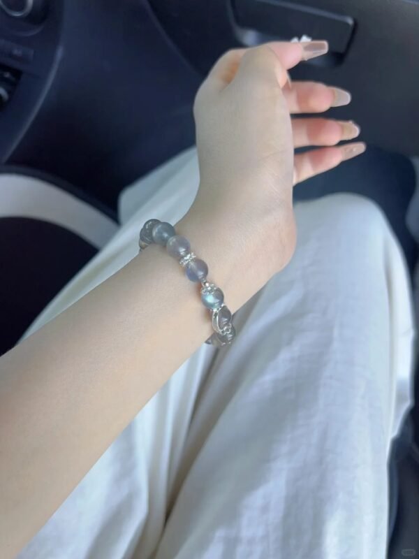 Stacking Blue Flash Moonstone Bracelet On Wrist, Energy Layering