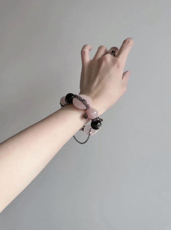 Displaying Rose Quartz Bracelet On Wrist, Earth Healing & Metal Stability Fusion