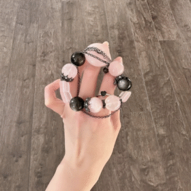 Holding Rose Quartz Peace Buckle, Plaque & 14mm Silver Obsidian Bracelet, Earth-Metal Energy Intertwine
