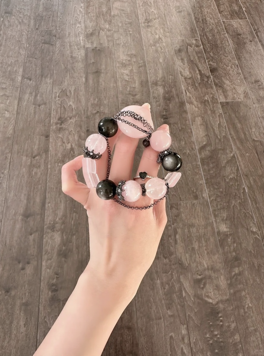 Holding Rose Quartz Peace Buckle, Plaque & 14mm Silver Obsidian Bracelet, Earth-Metal Energy Intertwine