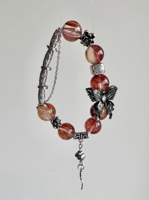 14mm Red Fire Quartz Bracelet With Silver Butterfly & Tassel, Fire-Metal Energy Intertwine