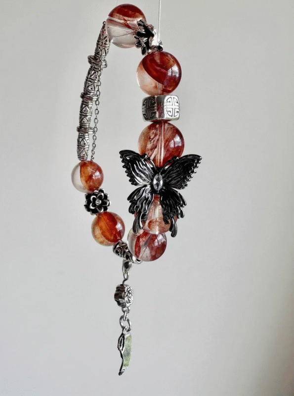 Close-Up Of Red Fire Quartz Bracelet, Symbiotic Beauty Of Silver & Crystal