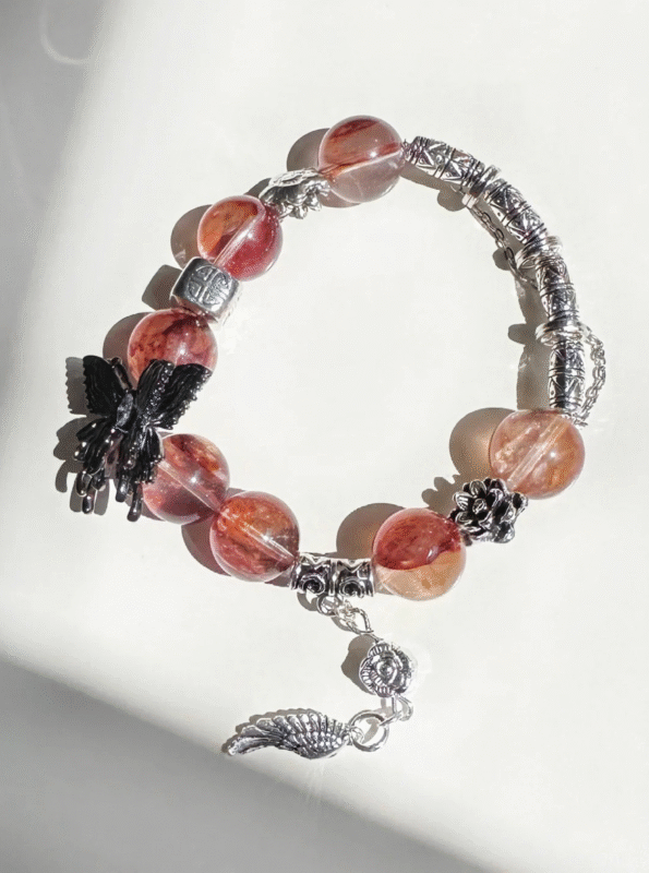 Close-Up Of 14mm Red Fire Quartz Bracelet, Fire Energy Focus