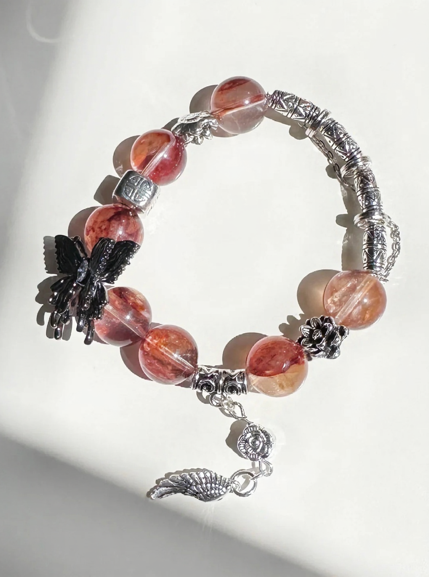 Close-Up Of 14mm Red Fire Quartz Bracelet, Fire Energy Focus