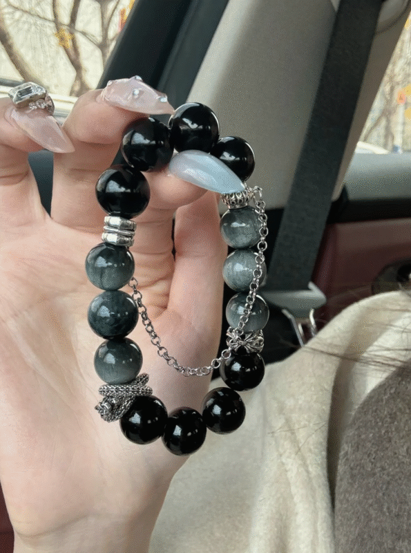 Holding Obsidian & Hawk’s Eye Bracelet, Silver Snake Accent For Energy Protection