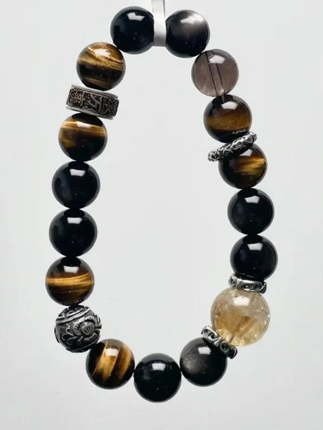 Details Of Multi-Gem Bracelet, Fire-Wood Resonance Of Tiger Eye & Yellow Azeztulite