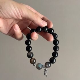 Displaying 12mm Double-Eye Silver Obsidian Bracelet, Metal Anchoring Loop From 925 Silver