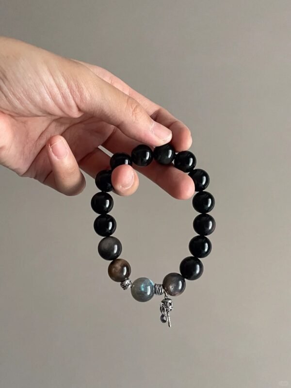 Displaying 12mm Double-Eye Silver Obsidian Bracelet, Metal Anchoring Loop From 925 Silver