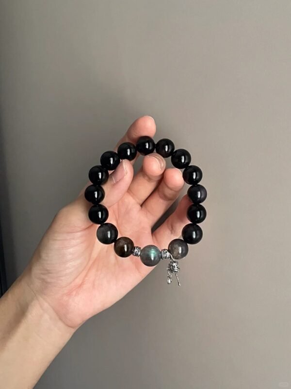 Wearing 12mm Double-Eye Silver Obsidian Bracelet, Earth Stability From Black Gold Quartz